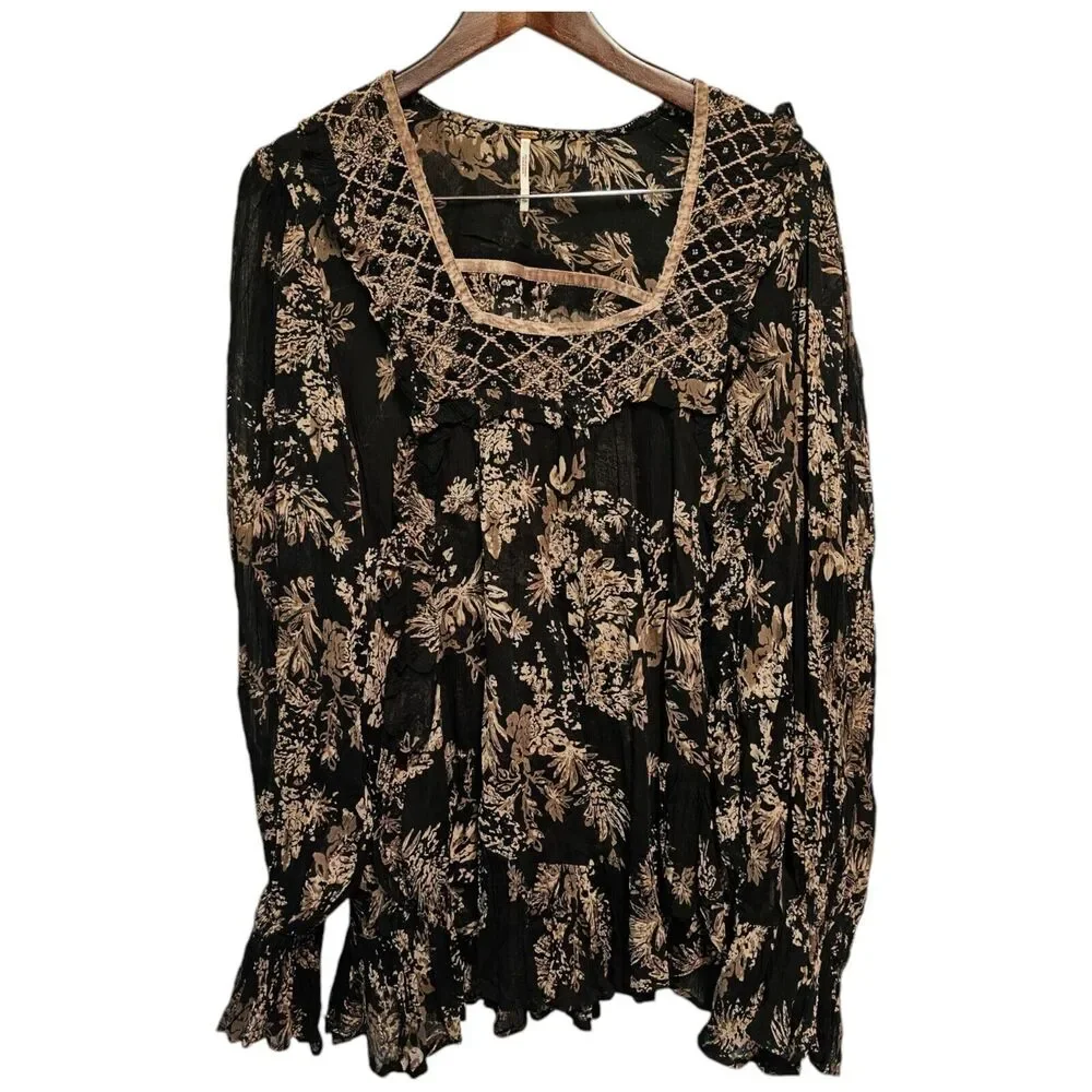 FREE PEOPLE Tunic Blouse Sheer Black Floral Velvet Beaded Accents SMALL Oversize